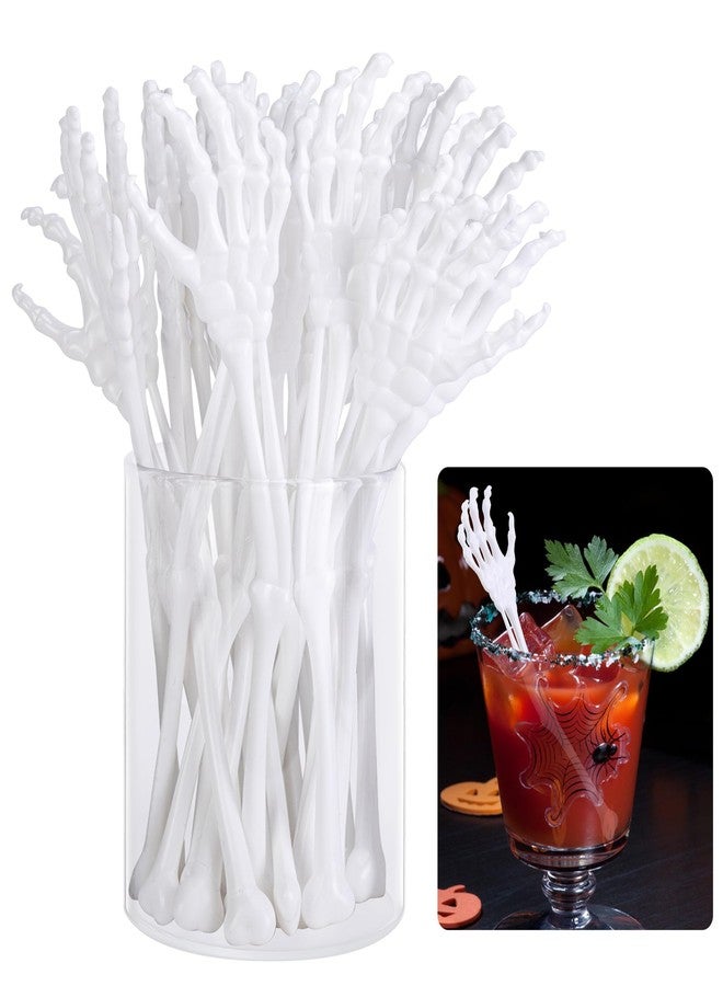 RunNico 25 Pcs 5.9''x1.5'' Halloween Skeleton Cocktail Stirrers, Reusable Skeleton Hand Swizzle Sticks, Halloween Plastic Drink Stirrer for Home Bar Horror Party Table Decorations Photo Props - Image 1
